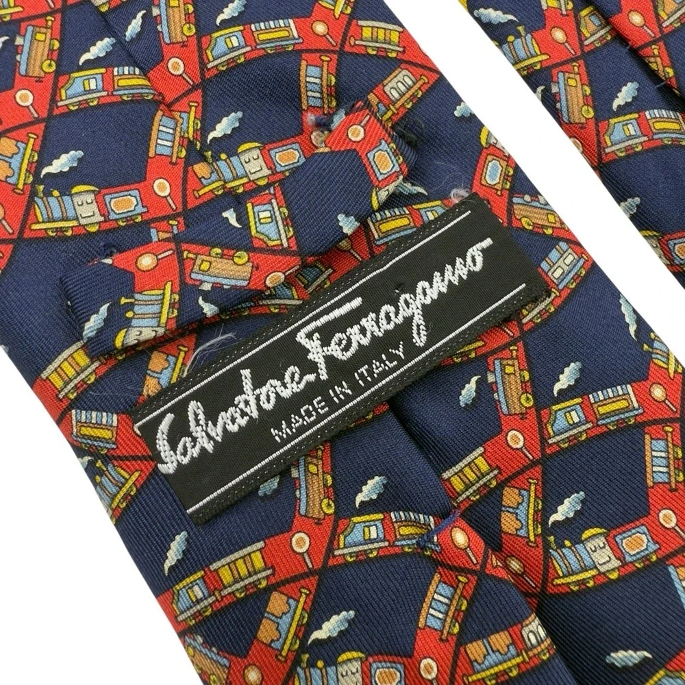 Salvatore Ferragamo Blue Red‎ Train Print Pure Silk Necktie Made in Italy 57x3.5